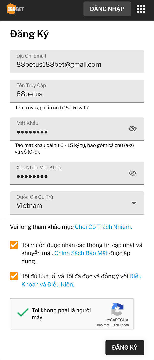 Đăng ký tài khoản 188bet